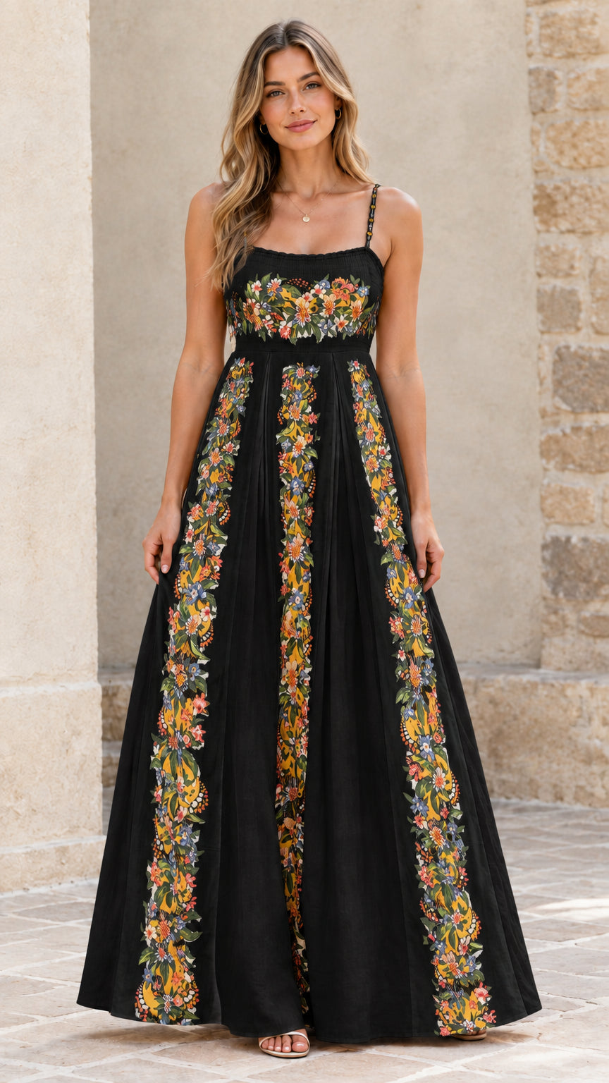 Full-length view of black floral pleated maxi dress