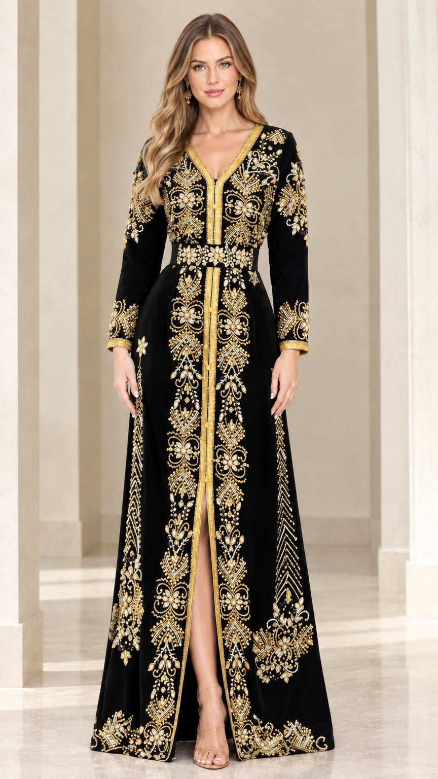 Black velvet long-sleeve kaftan maxi dress with gold embroidered motifs