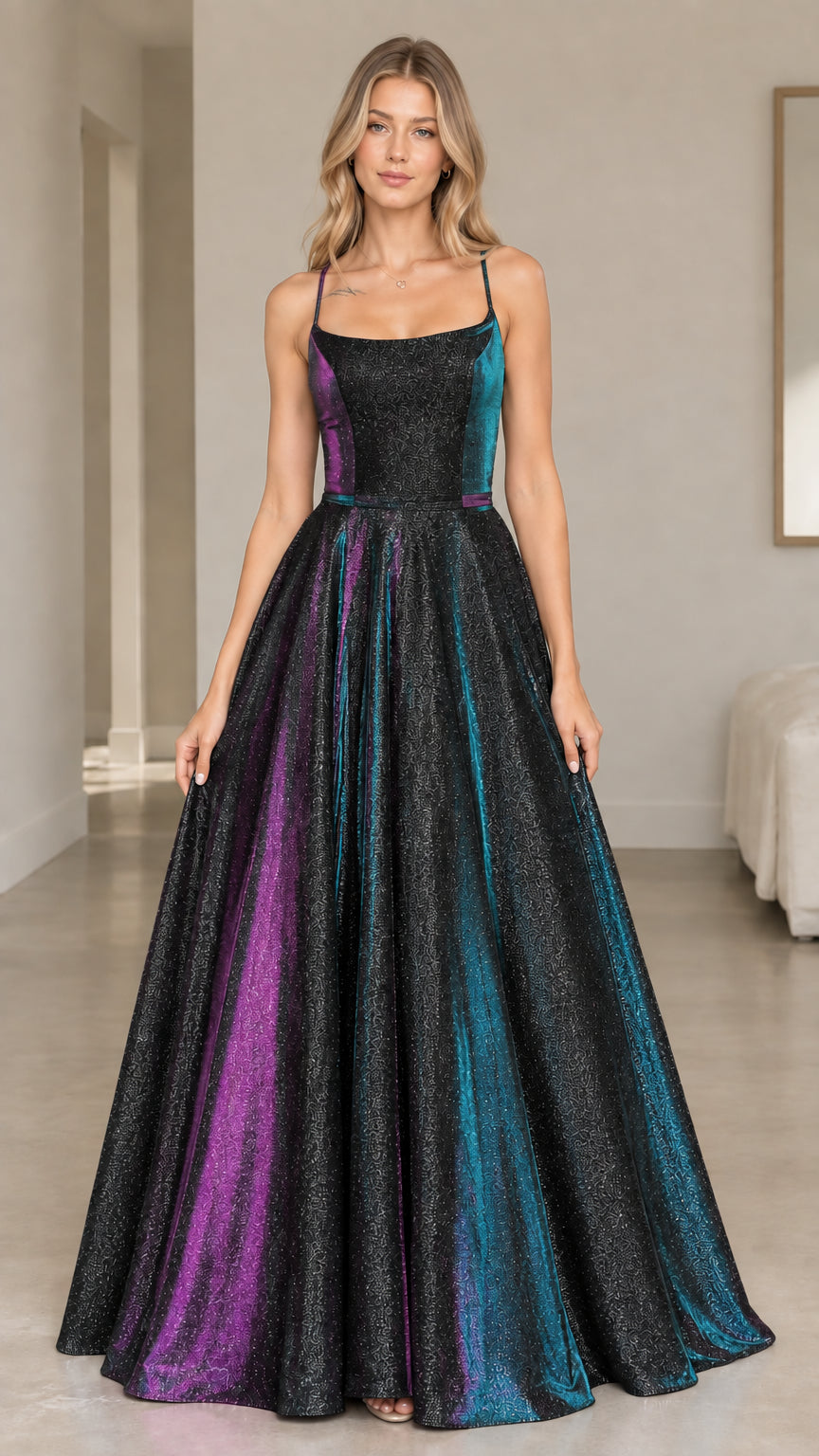 Front view of the black glitter A-line maxi evening dress