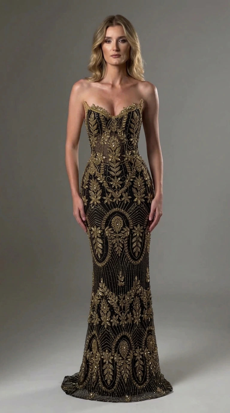 Front view of model wearing black and gold strapless beaded formal gown