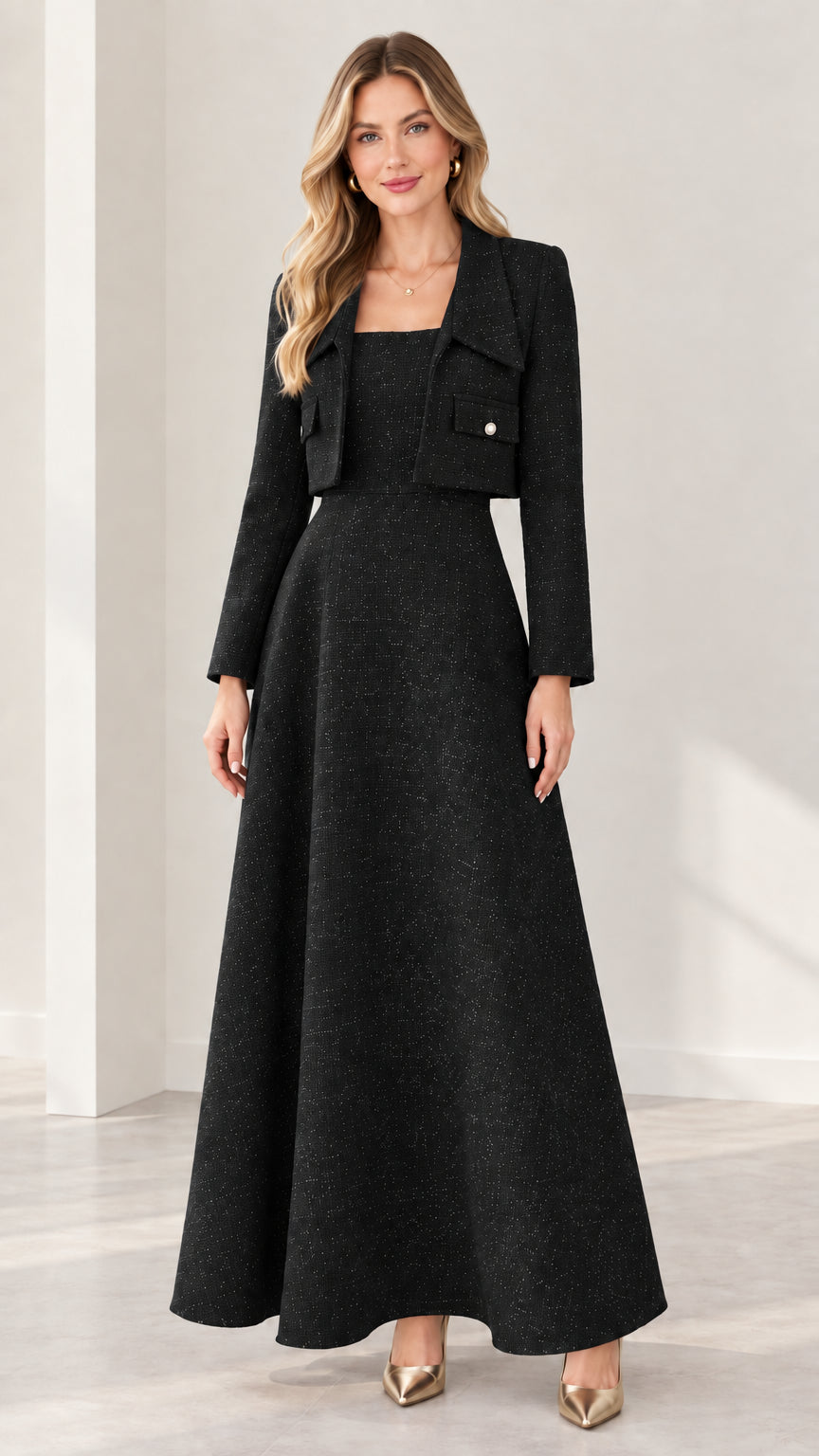 Black tweed two-piece maxi dress set with cropped blazer