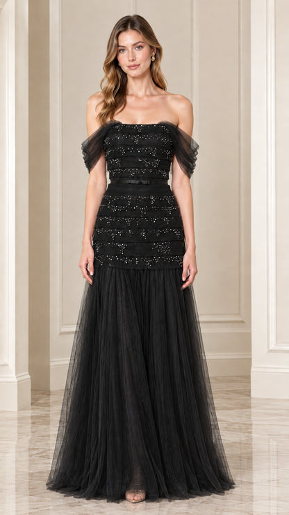 Full-length front view of black off-the-shoulder beaded tulle formal gown