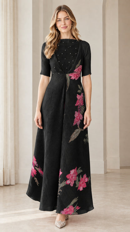 Front view of black floral embroidered A-line formal maxi dress