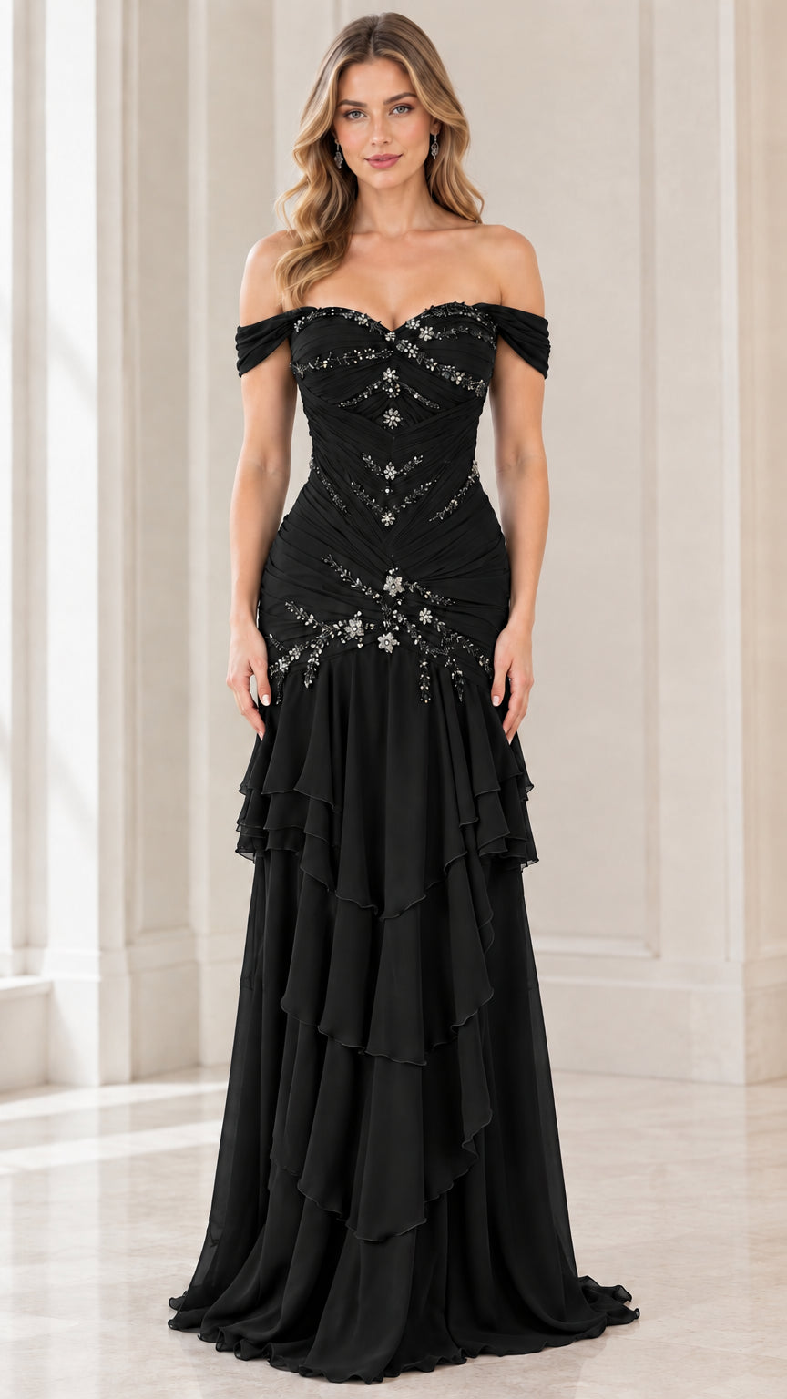 Front view of black off-the-shoulder beaded tiered evening gown