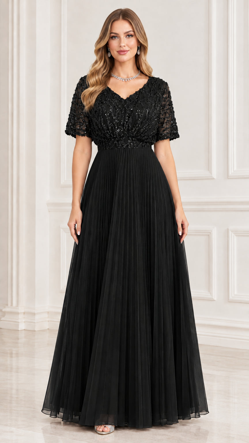Full length black sequin beaded V-neck pleated formal evening dress