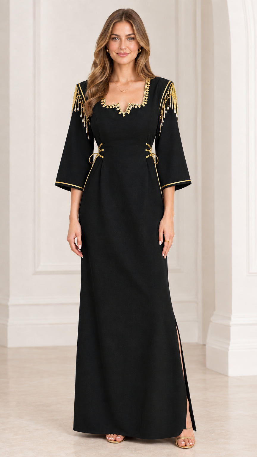 Full-length view of black maxi dress with golden shoulder tassels and trim