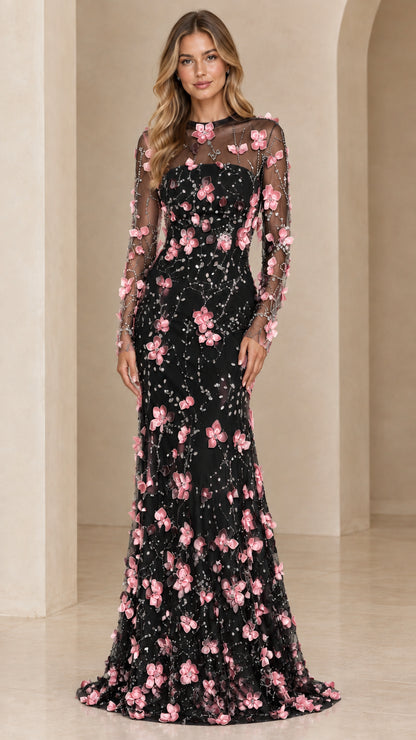 Black 3D floral appliqué long sleeve mermaid formal evening gown