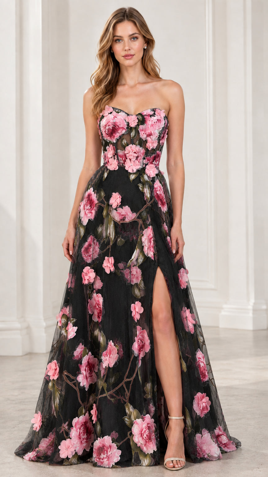 Front view of strapless 3D floral applique evening gown in Black