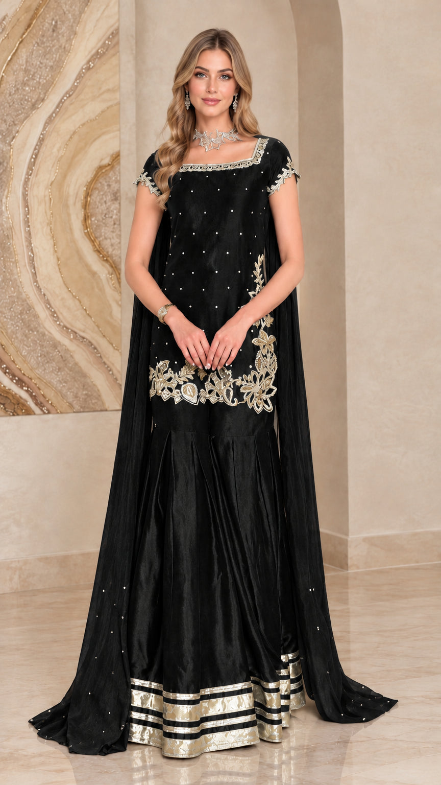 Black embroidered cape sharara suit set with metallic accents