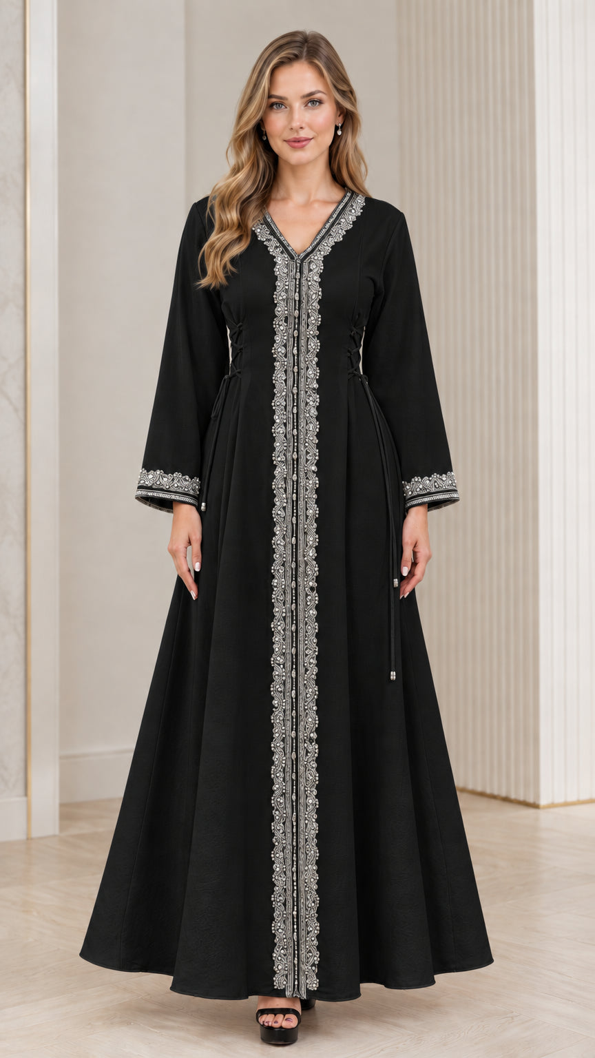 Full-length view of woman wearing black embroidered kaftan dress with waist ties