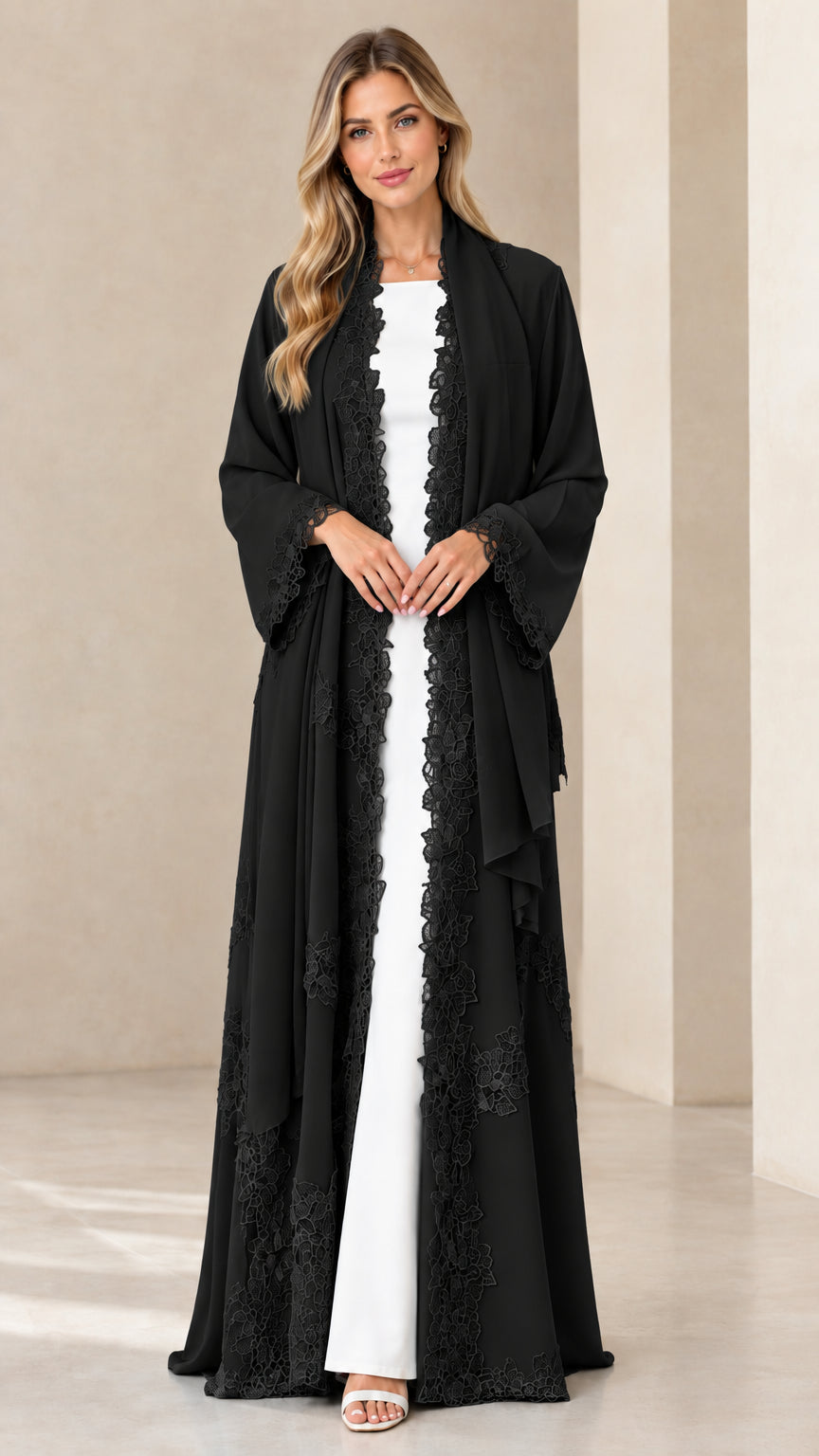 Front view of model wearing black open-front lace trim maxi chiffon duster cardigan