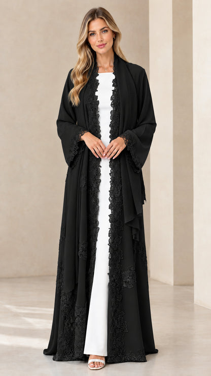 Front view of model wearing black open-front lace trim maxi chiffon duster cardigan