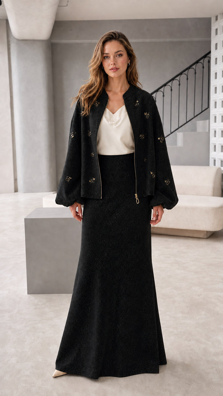 Women's embroidered jacket and maxi skirt set in black