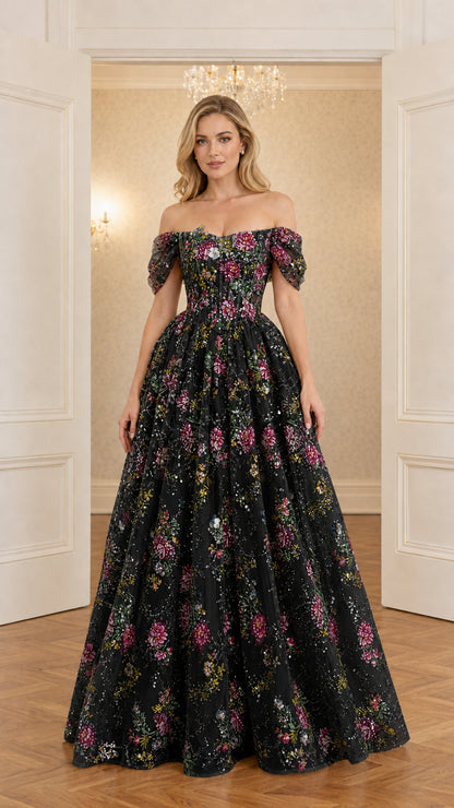 Black off-the-shoulder floral embroidered sequin evening ball gown