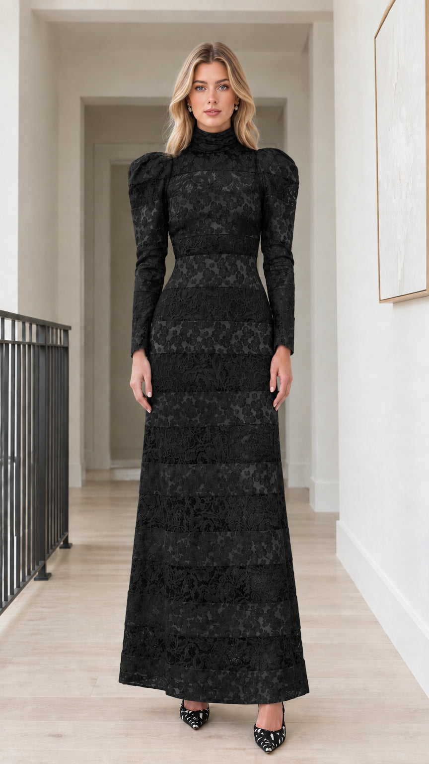 Front view of model wearing Black high neck long sleeve tiered lace maxi dress