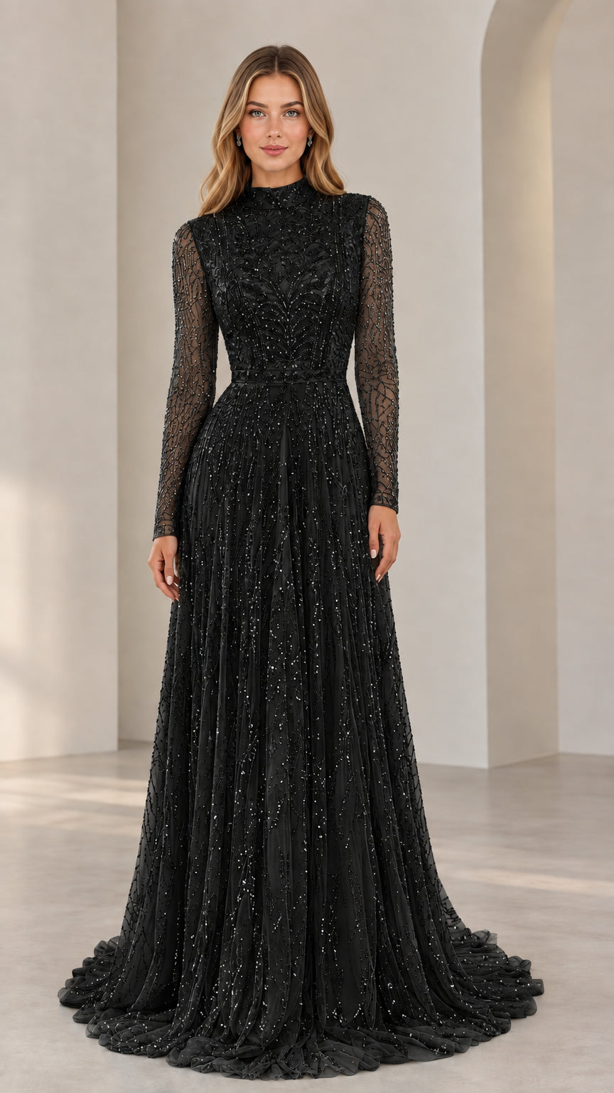 Woman wearing Black high neck beaded long sleeve formal evening gown
