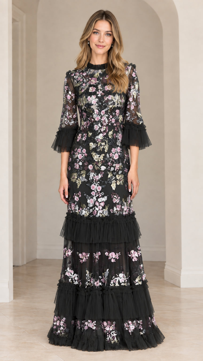 Black floral sequin embroidered tiered maxi evening gown