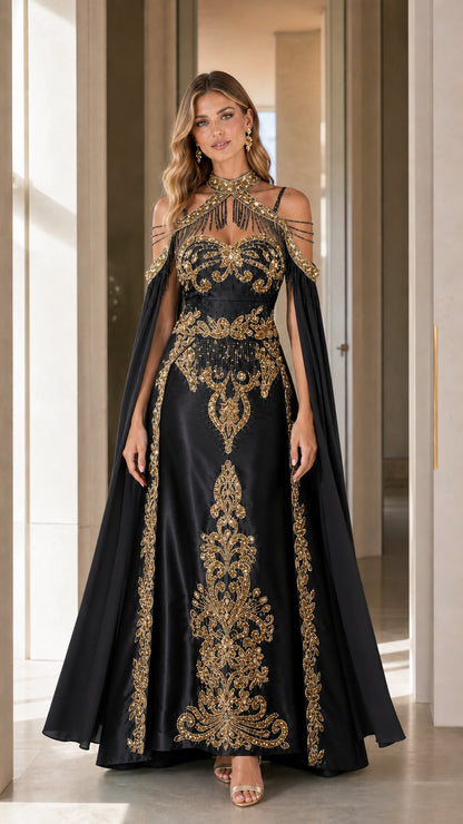 Black and gold embroidered cold-shoulder cape formal gown