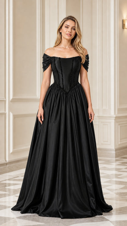 Black off-the-shoulder corset satin evening ball gown