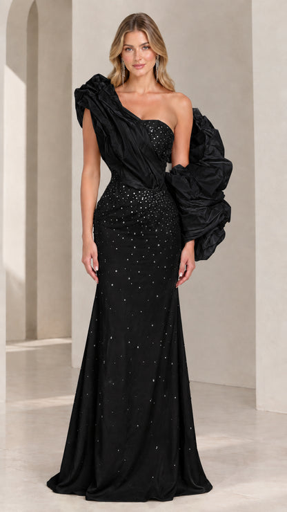 Classic black one-shoulder evening gown with voluminous sculptural sleeve