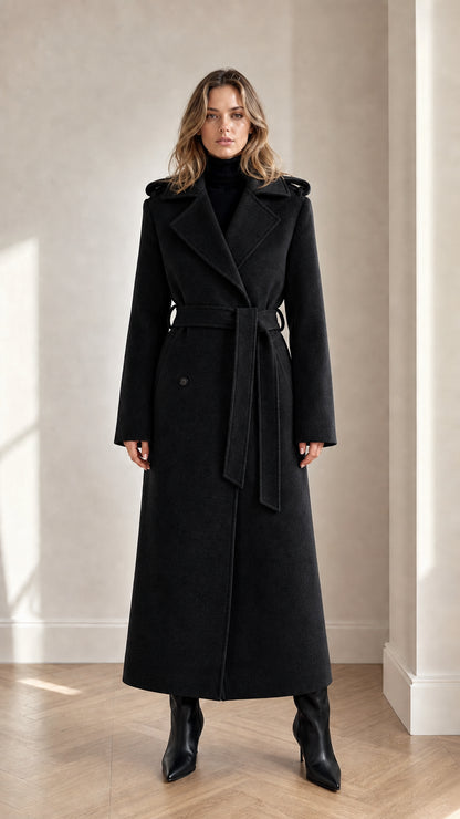 Front full-length view of woman wearing black maxi belted trench coat