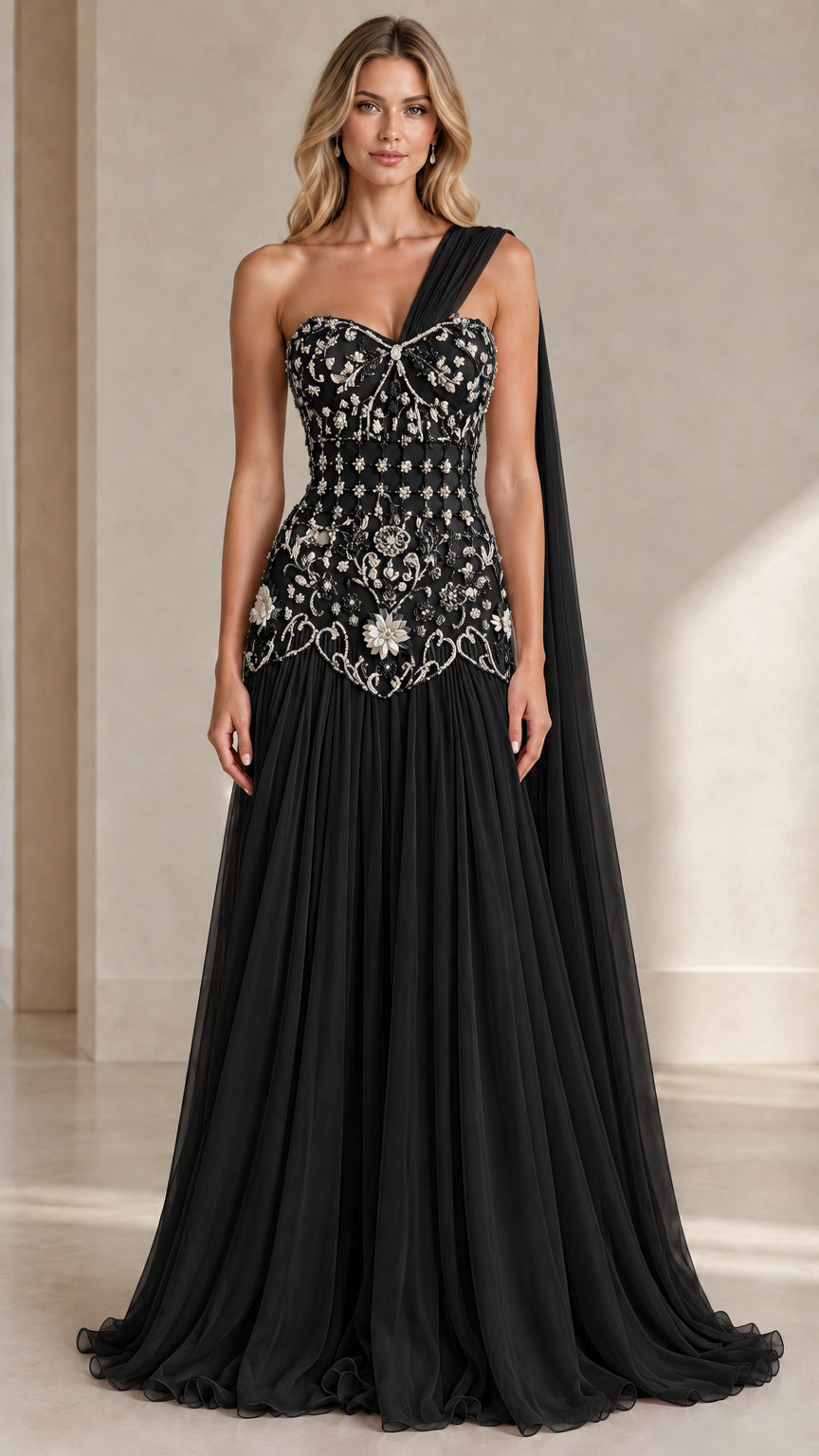 Model wearing Black one-shoulder beaded evening gown