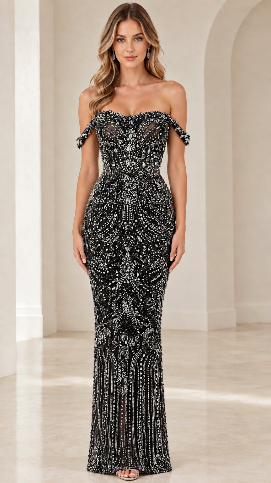 Full front view of Black crystal-embellished off-the-shoulder evening gown