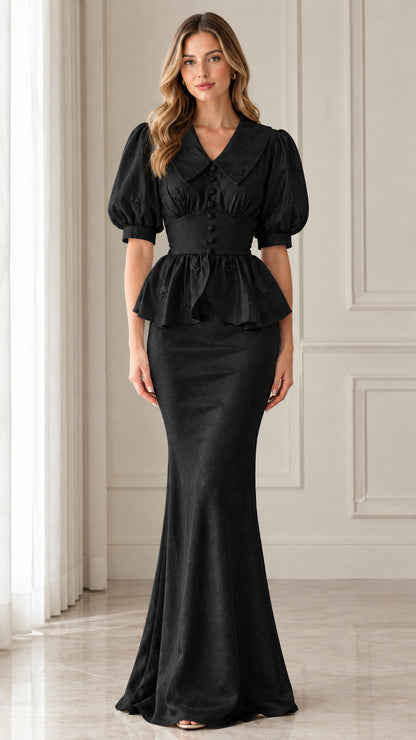 Front view of black peplum puff-sleeve mermaid evening dress