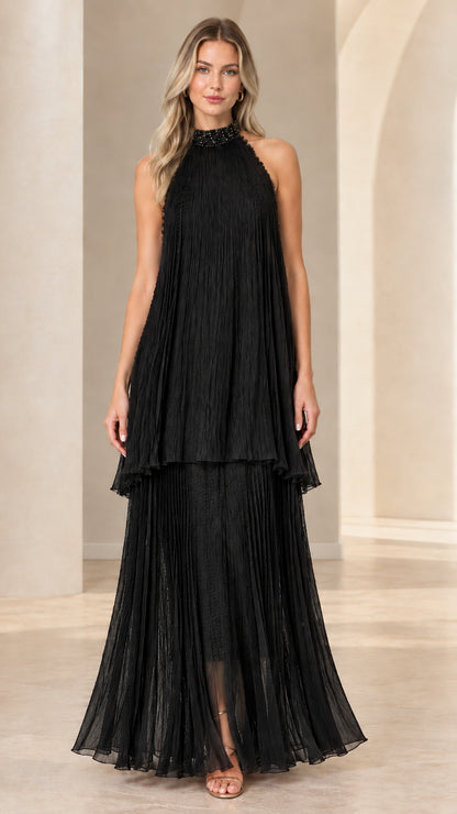 Black pleated tiered halter neck maxi dress