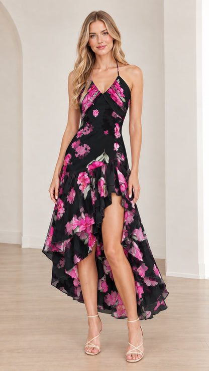 Front view of Black floral print ruffle high-low maxi dress