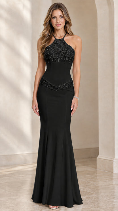 Model wearing black beaded halter neck mermaid evening dress