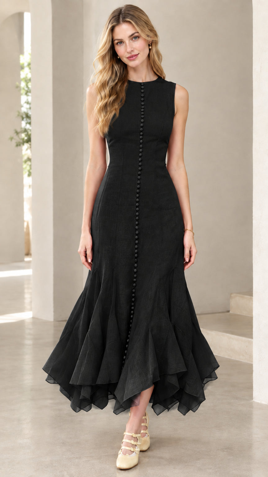 Full-length view of woman wearing black sleeveless button-front mermaid midi dress