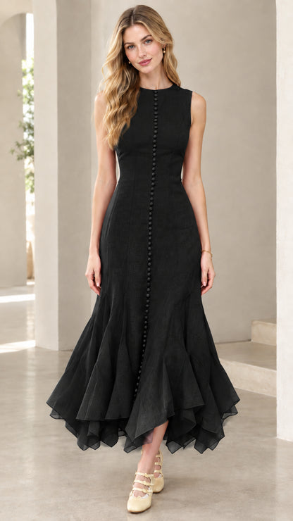 Full-length view of woman wearing black sleeveless button-front mermaid midi dress