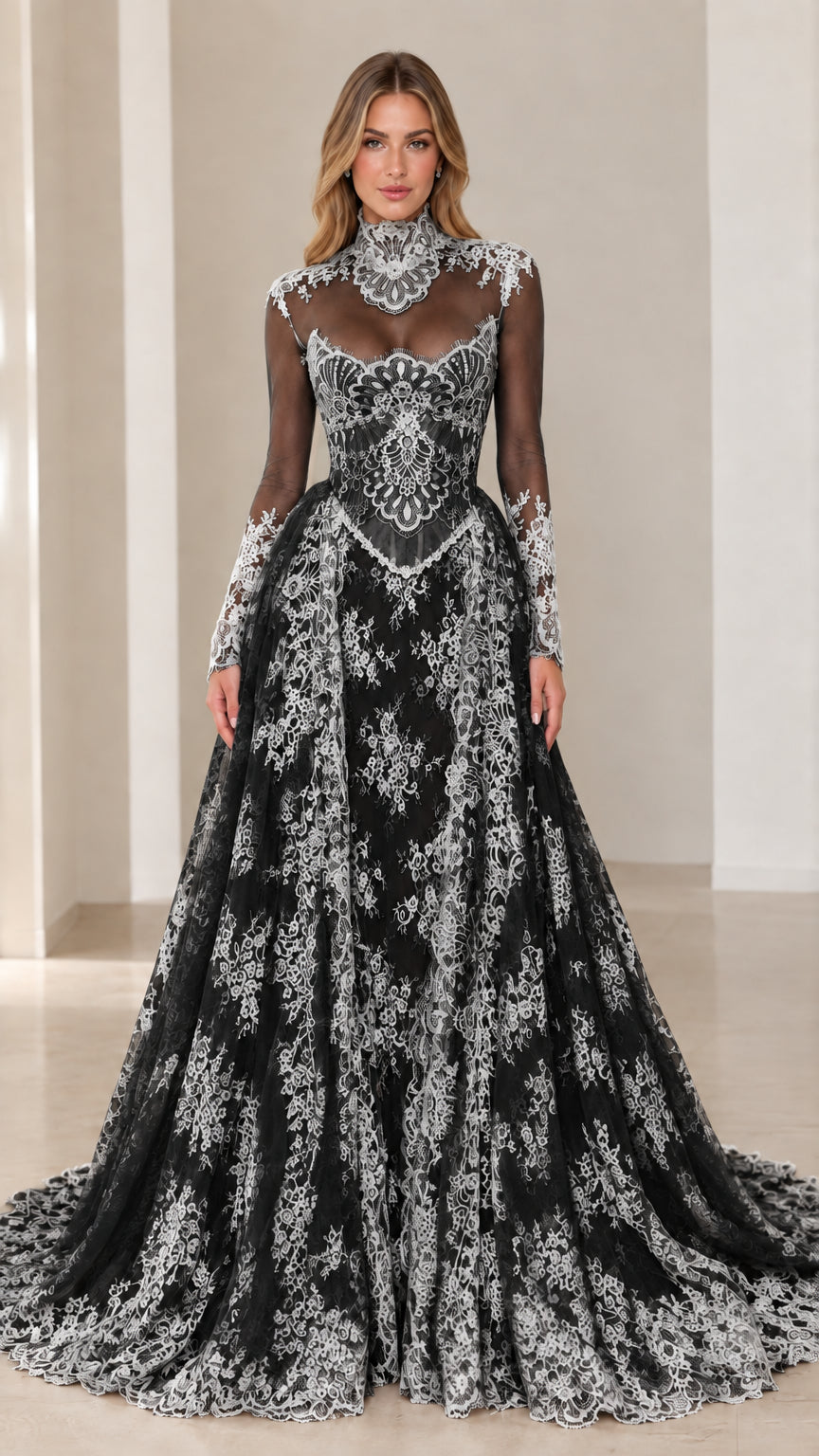 Model wearing the Black lace corset evening gown with high illusion neckline