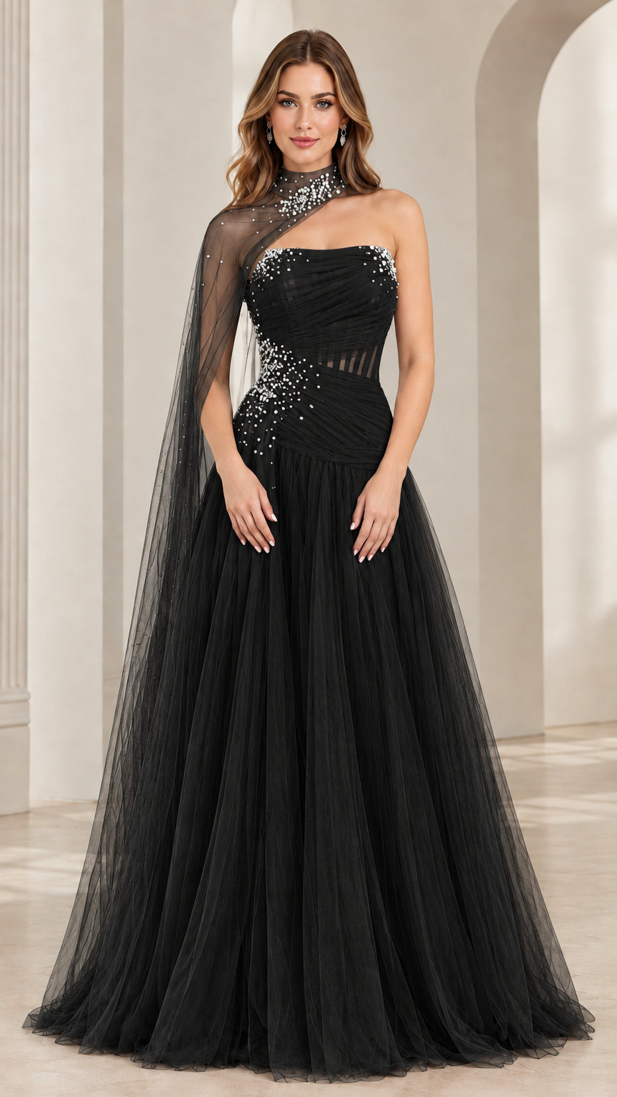 Full front view of classic black beaded tulle cape evening dress
