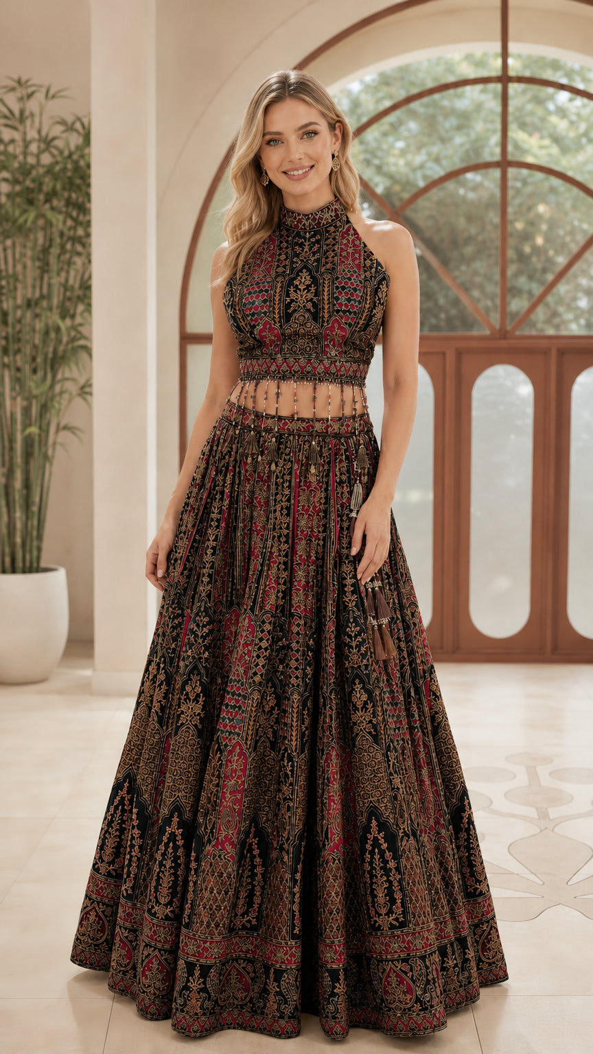 Model wearing Black embroidered halter top and pleated skirt set