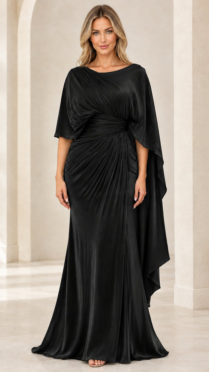 Black pleated cape sleeve formal evening maxi dress