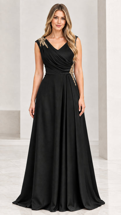 Front view of black pleated V-neck evening gown with beaded accents