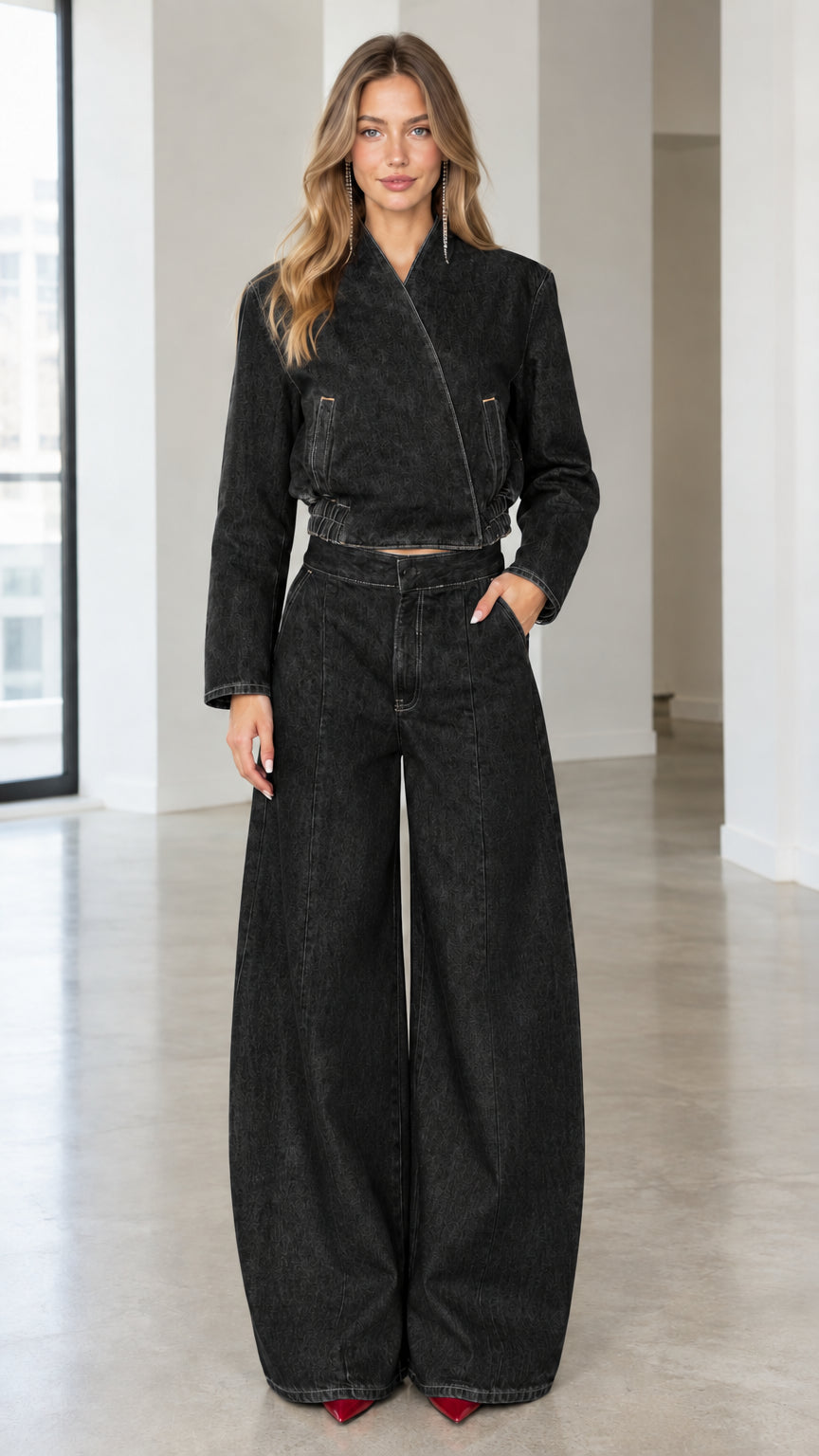 Full front view of washed black denim jacket and wide leg pants two-piece set