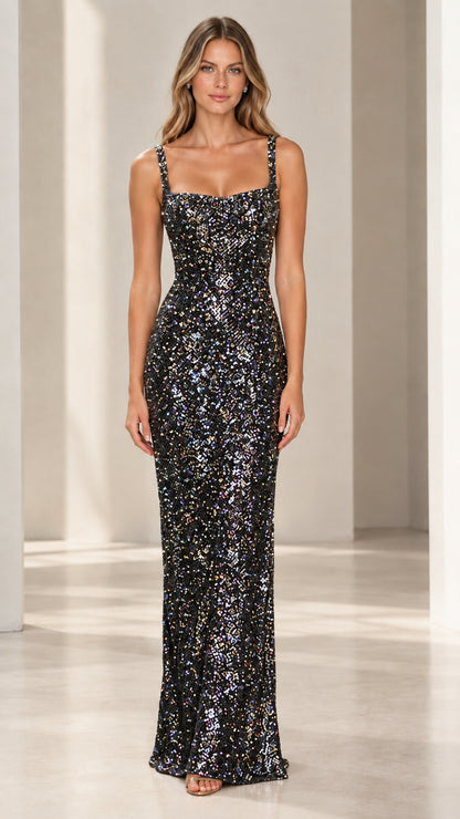 Black sparkling sequin floor-length evening gown