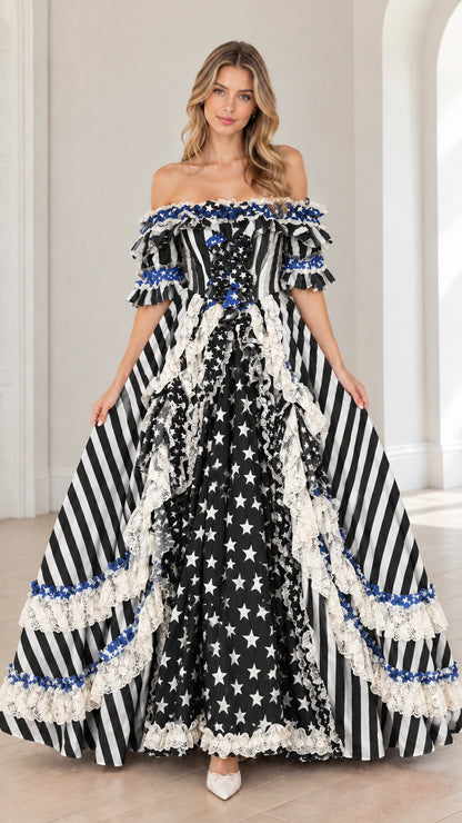 Full-length front view of black and white star and stripe Victorian ball gown