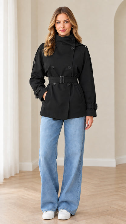 Model wearing black double-breasted belted short trench coat