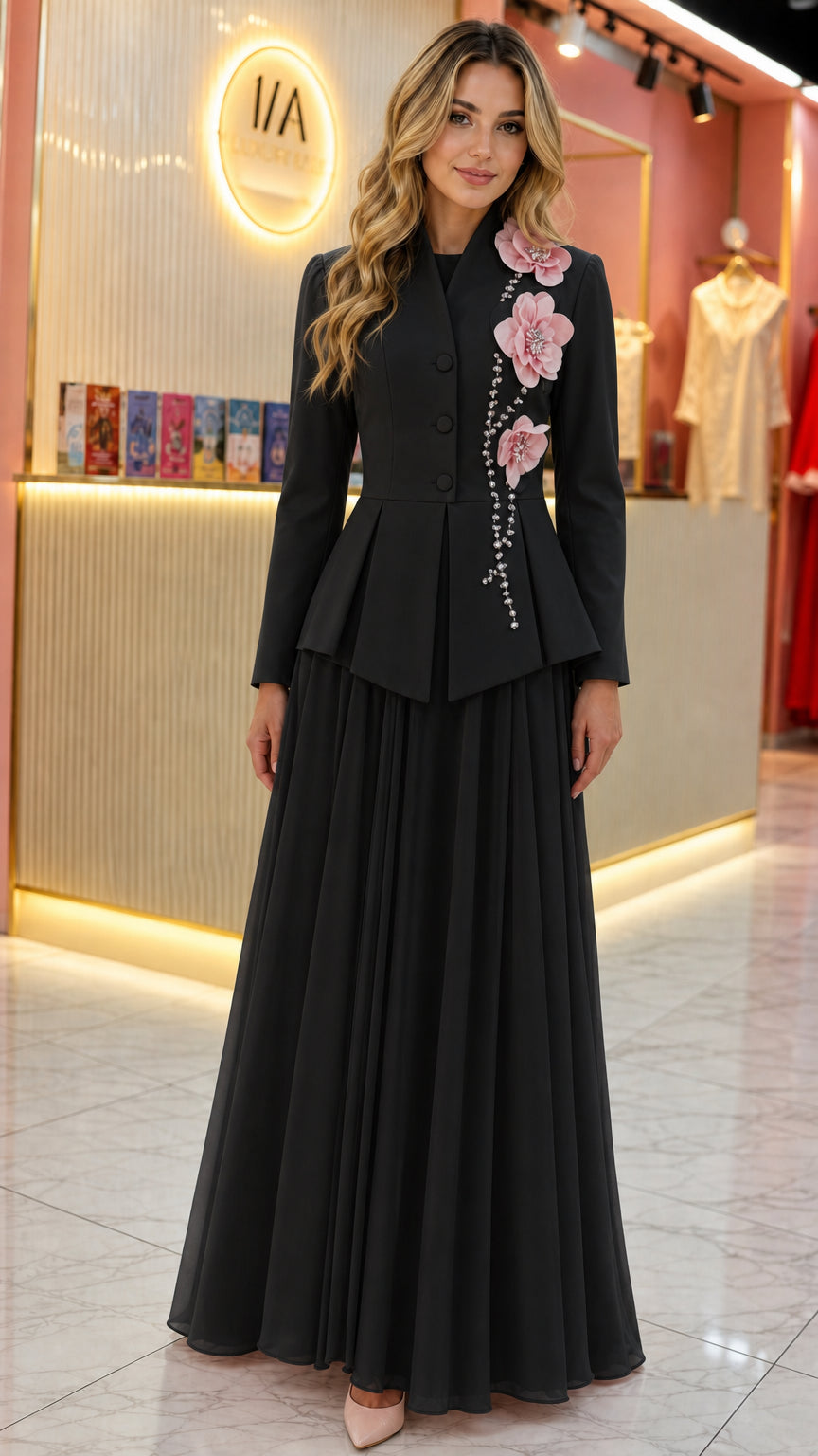 Front view of black peplum blazer and pleated maxi skirt formal two-piece set
