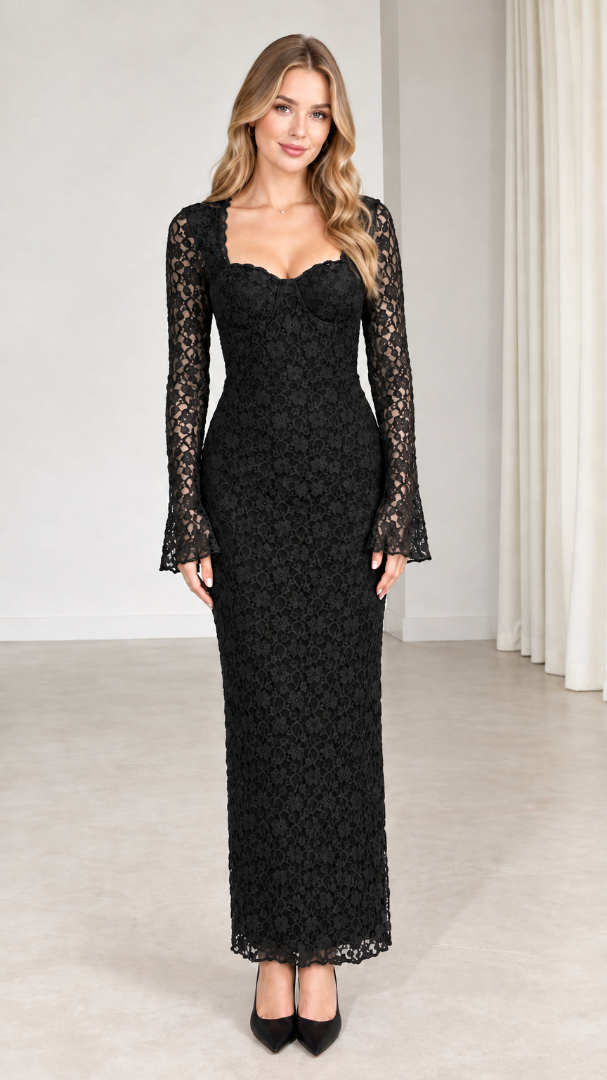 Front view of model wearing black floral lace sweetheart maxi dress
