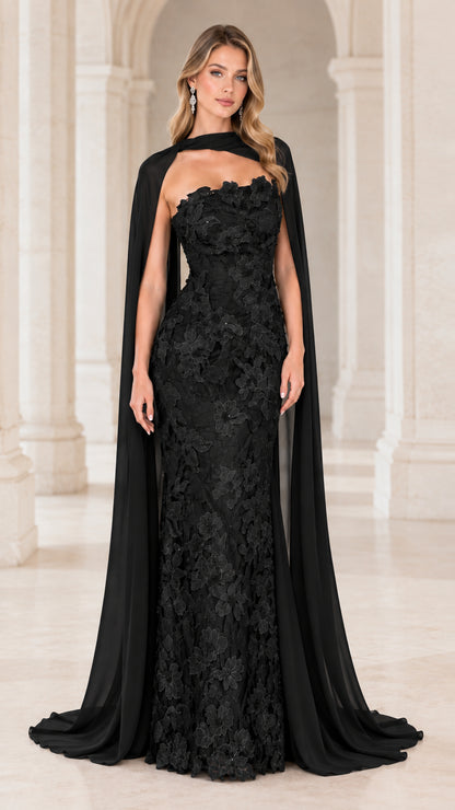 Black Strapless 3D Floral Lace Column Evening Gown with Matching Cape