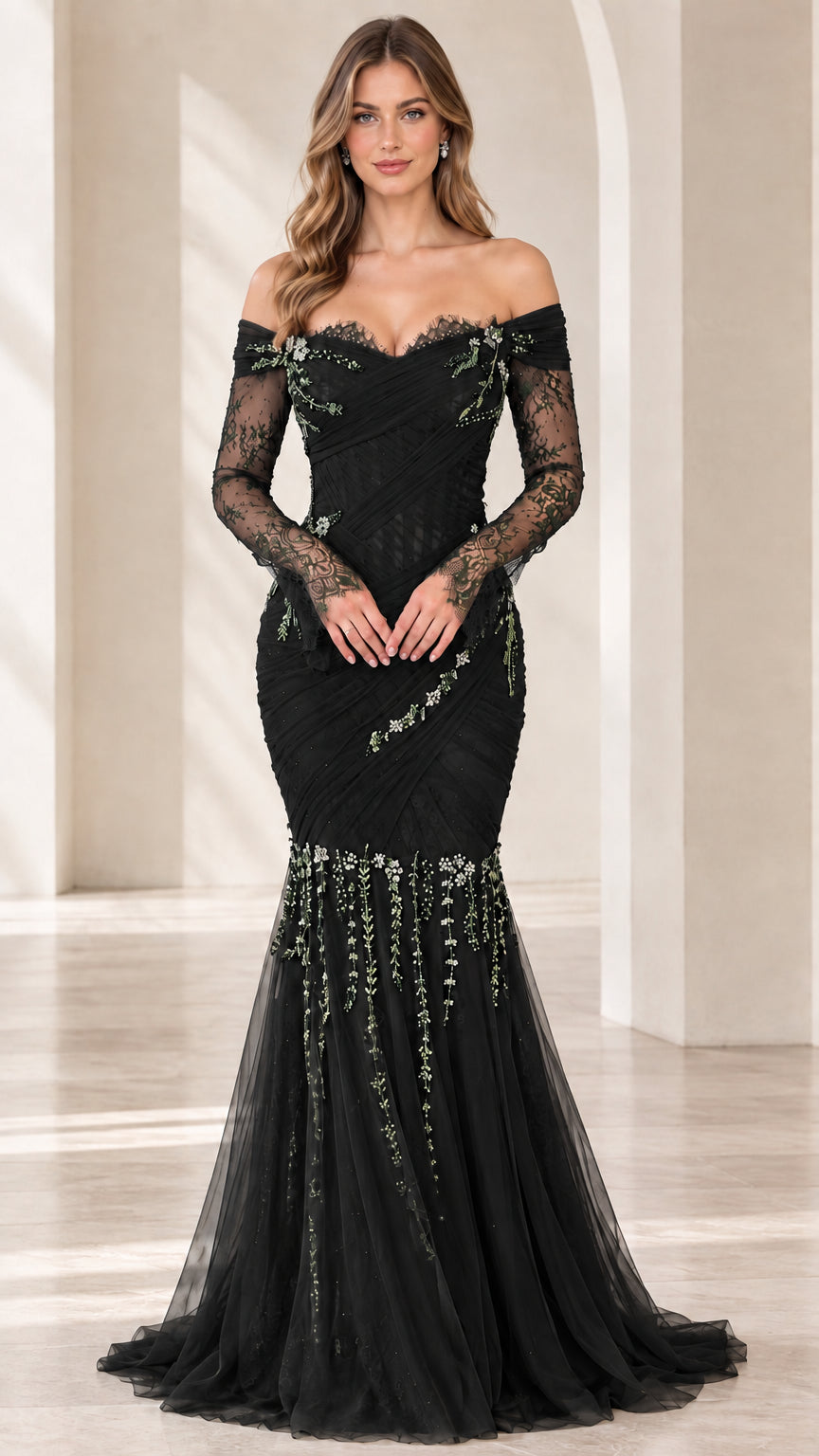 Model wearing off-the-shoulder black long sleeve lace mermaid evening gown
