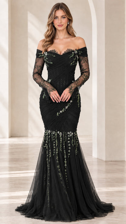 Model wearing off-the-shoulder black long sleeve lace mermaid evening gown