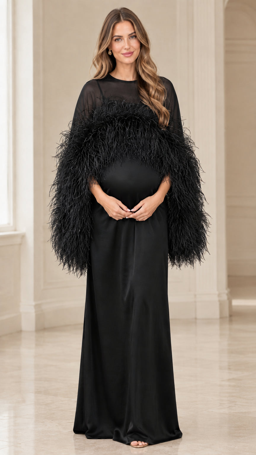 Black sheer sleeve maternity maxi gown with feather trim