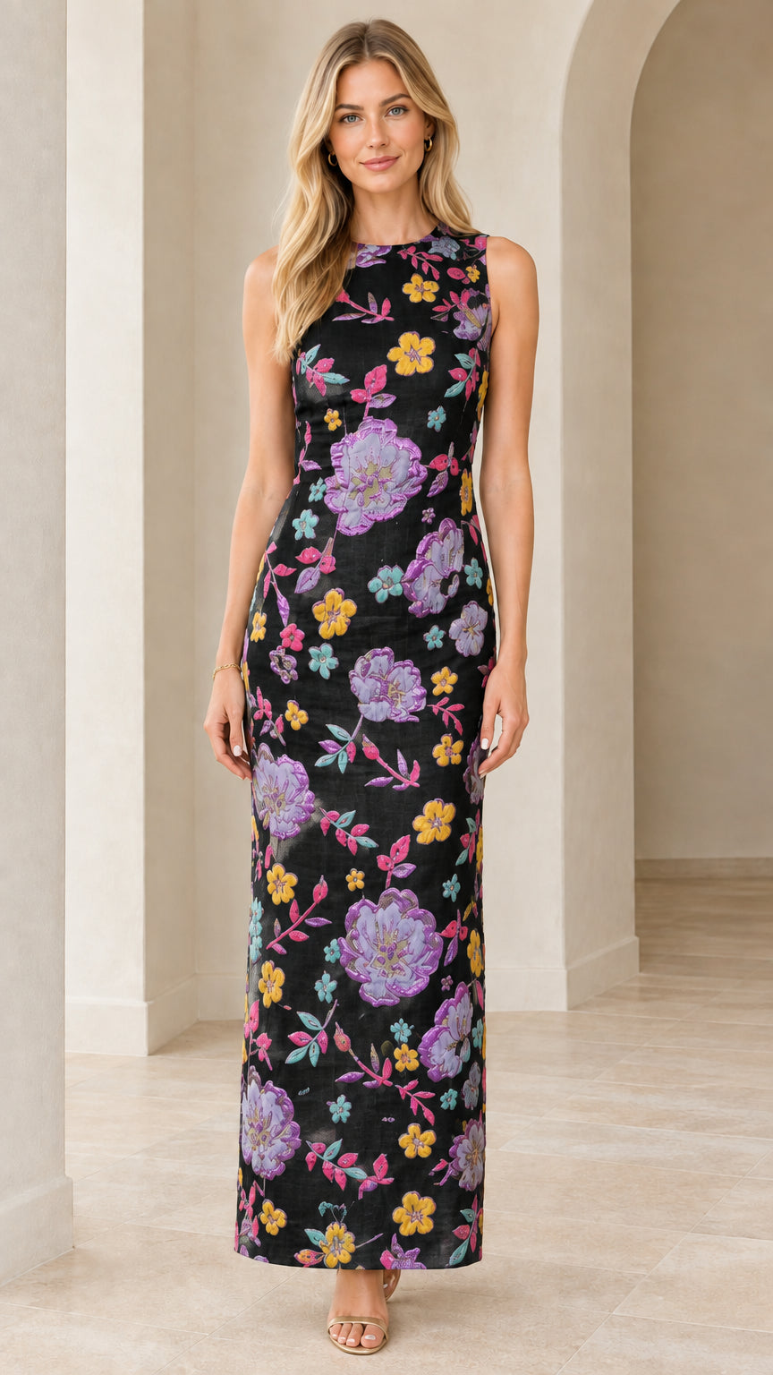 Front view of woman wearing black floral embroidered sleeveless column maxi dress