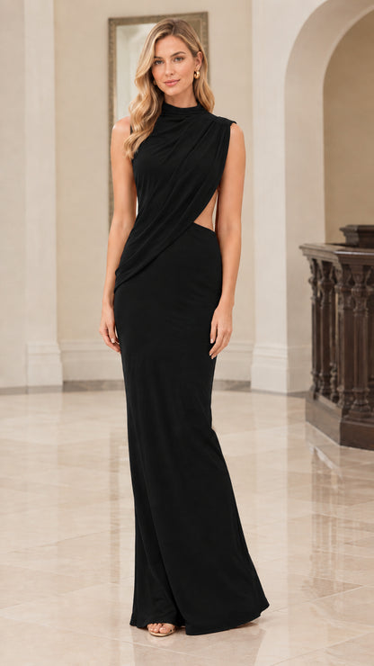 Front view of model wearing black high neck draped cutout formal maxi gown